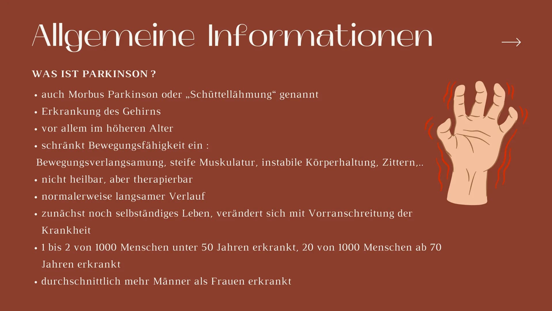 Bilogie Q2 LEhM
Parkinson
Präsentation von Sophie Priesel
т ITO
Inhaltsverzeichnis
Behandelte Themen
1. Allgemeine Informationen
2. Entstehu