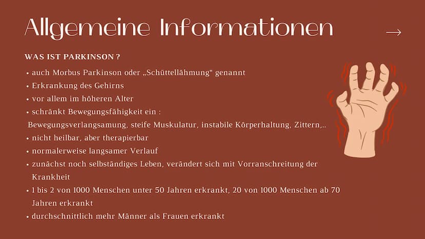 Bilogie Q2 LEhM
Parkinson
Präsentation von Sophie Priesel
т ITO
Inhaltsverzeichnis
Behandelte Themen
1. Allgemeine Informationen
2. Entstehu