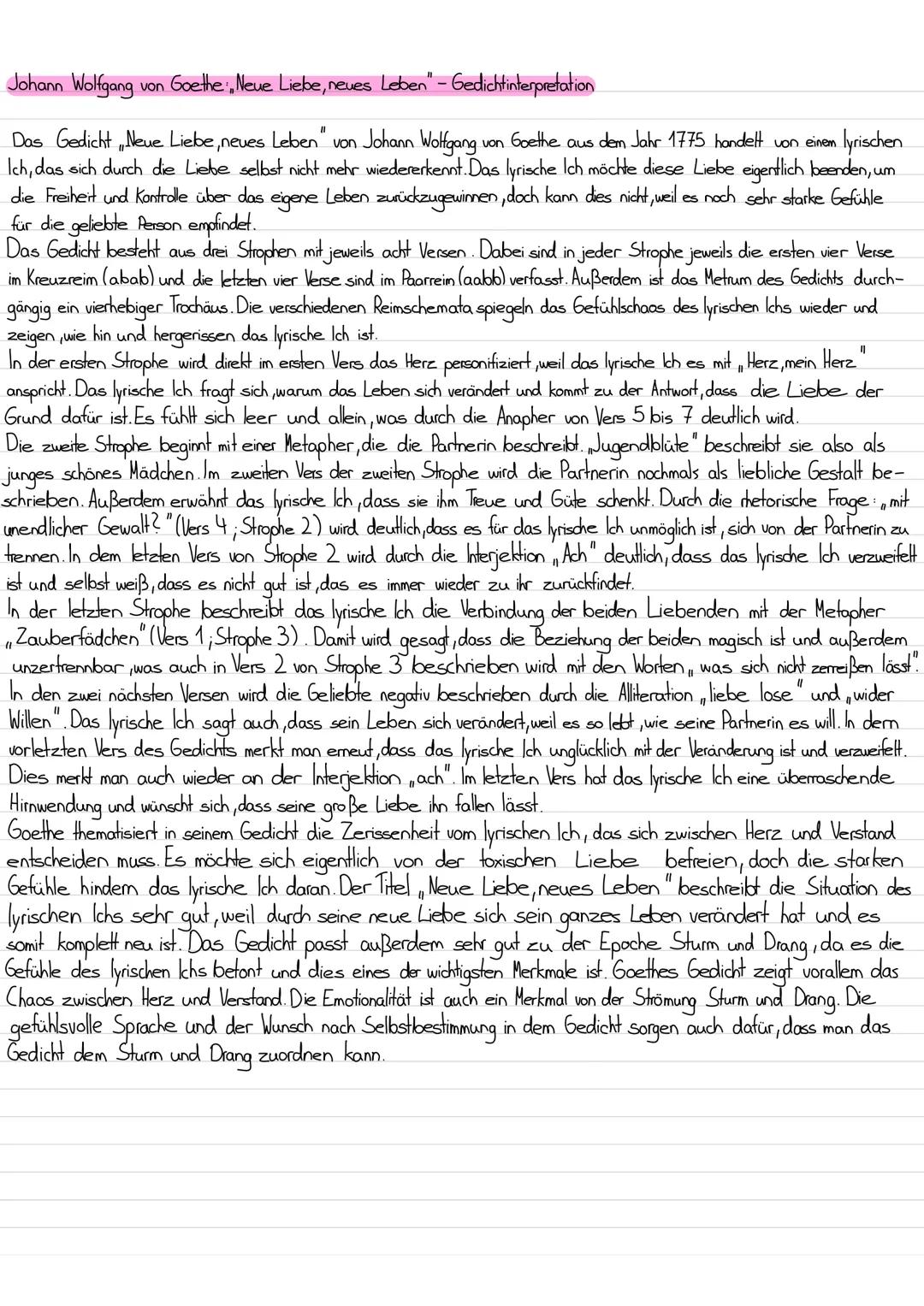 Johann Wolfgang
von Goethe,Neue Liebe, neues Leben" - Gedichtinterpretation
Das Gedicht Neue Liebe, neues Leben" von Johann Wolfgang. von Go