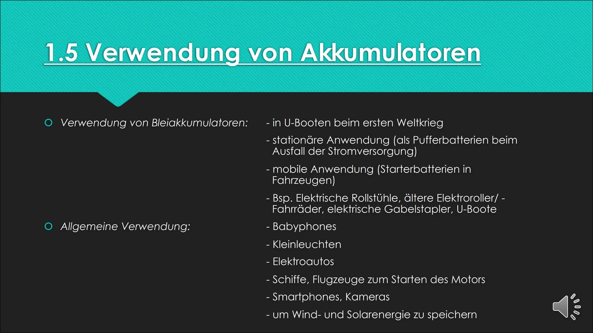 Der
Akkumulator
und
die Batterie
Chemie - Vortrag von
Vivien Hübler Gliederung
O 1. Akkumulatoren
O 1.1 Geschichtliches
O 1.2 Allgemeiner/Th
