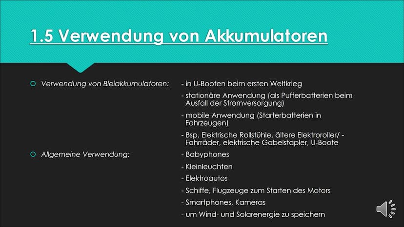 Der
Akkumulator
und
die Batterie
Chemie - Vortrag von
Vivien Hübler Gliederung
O 1. Akkumulatoren
O 1.1 Geschichtliches
O 1.2 Allgemeiner/Th