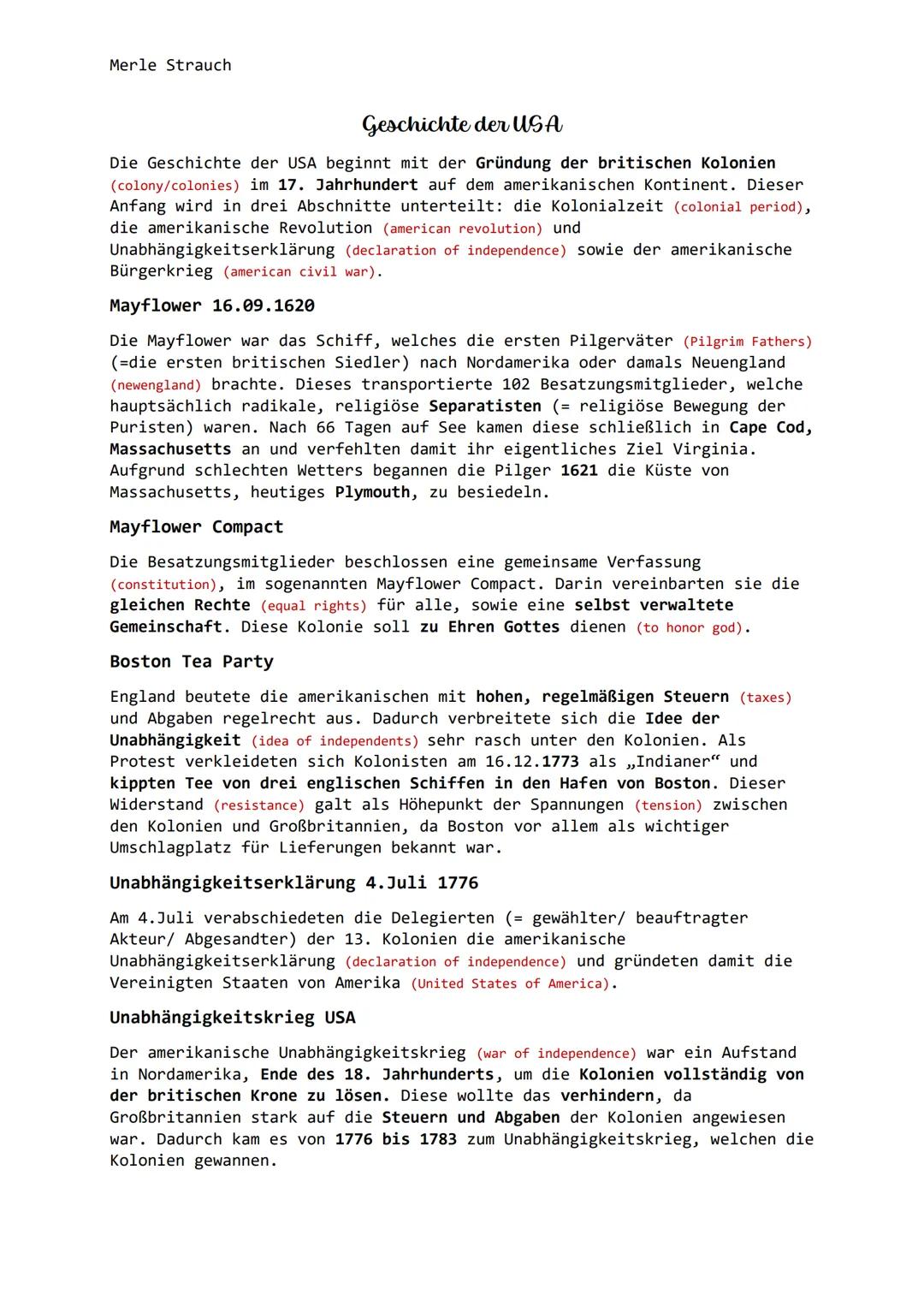 Merle Strauch
Geschichte der USA
Die Geschichte der USA beginnt mit der Gründung der britischen Kolonien
(colony/colonies) im 17. Jahrhunder