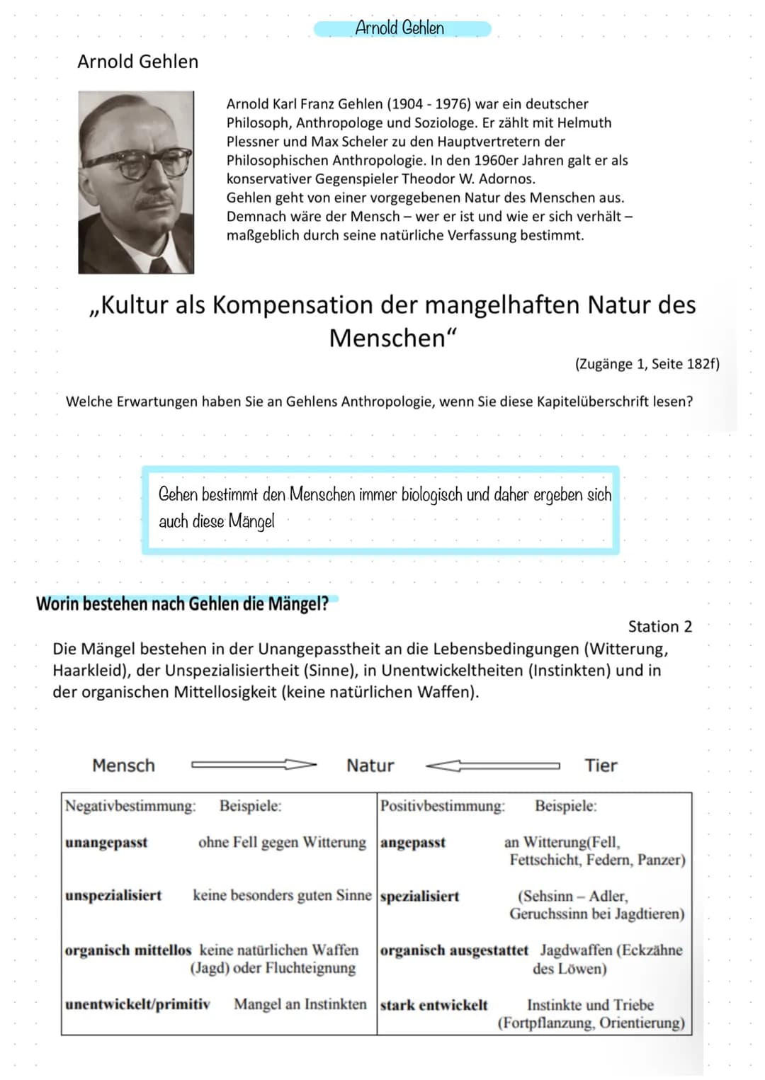 Arnold Gehlen
,,Kultur als Kompensation der mangelhaften Natur des
Menschen"
Arnold Gehlen
Arnold Karl Franz Gehlen (1904-1976) war ein deut