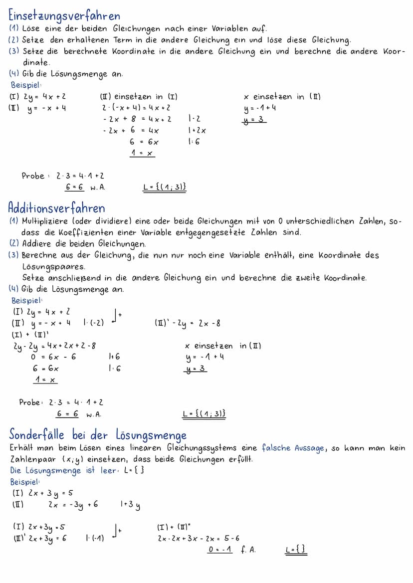 Lineare Gleichungssysteme
Lineares Gleichungssystem
Verknüpft man zwei lineare Gleichungen mit zwei Variablen durch und, so entsteht ein lin