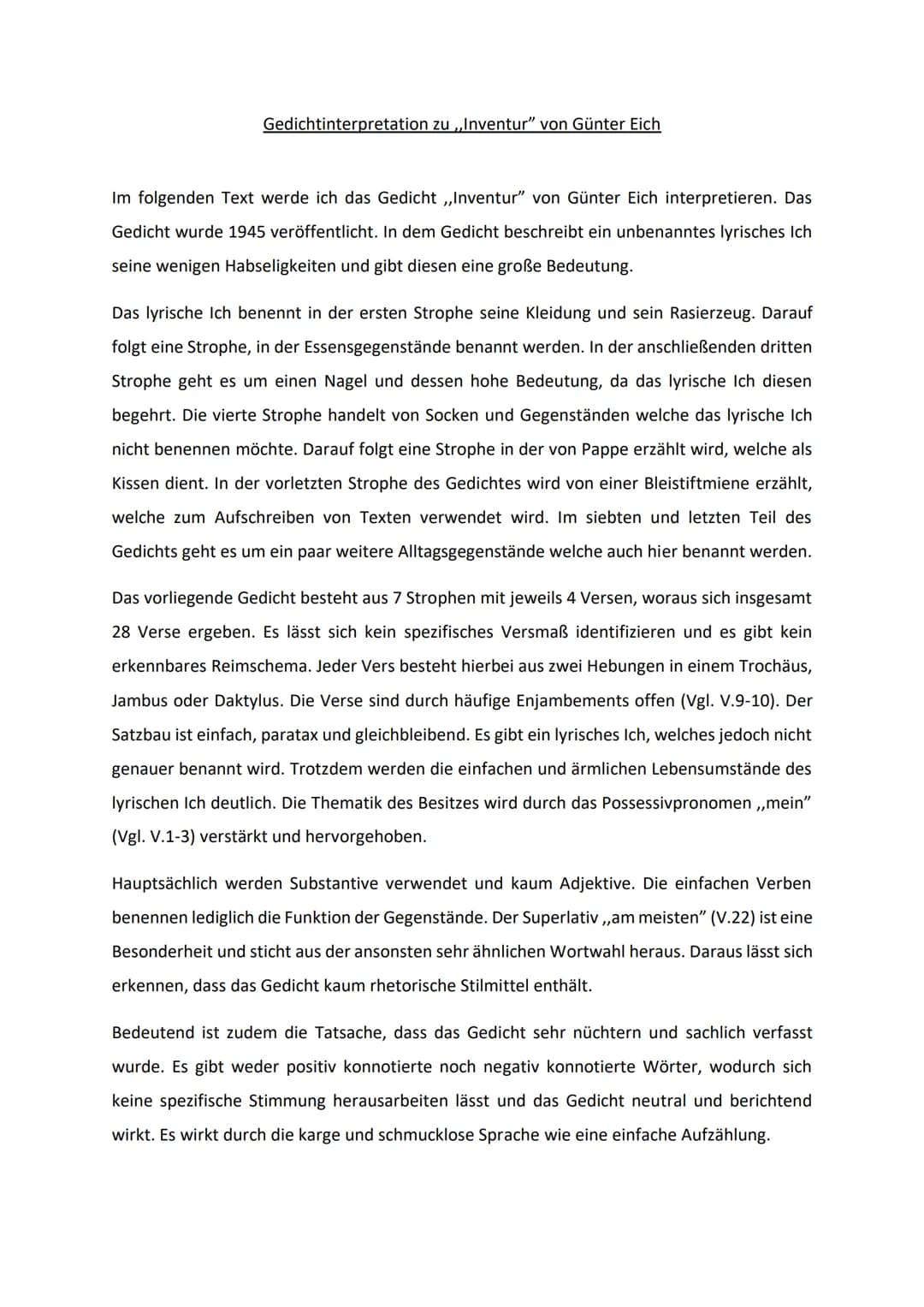 Gedichtinterpretation zu ,,Inventur” von Günter Eich
Im folgenden Text werde ich das Gedicht ,,Inventur" von Günter Eich interpretieren. Das