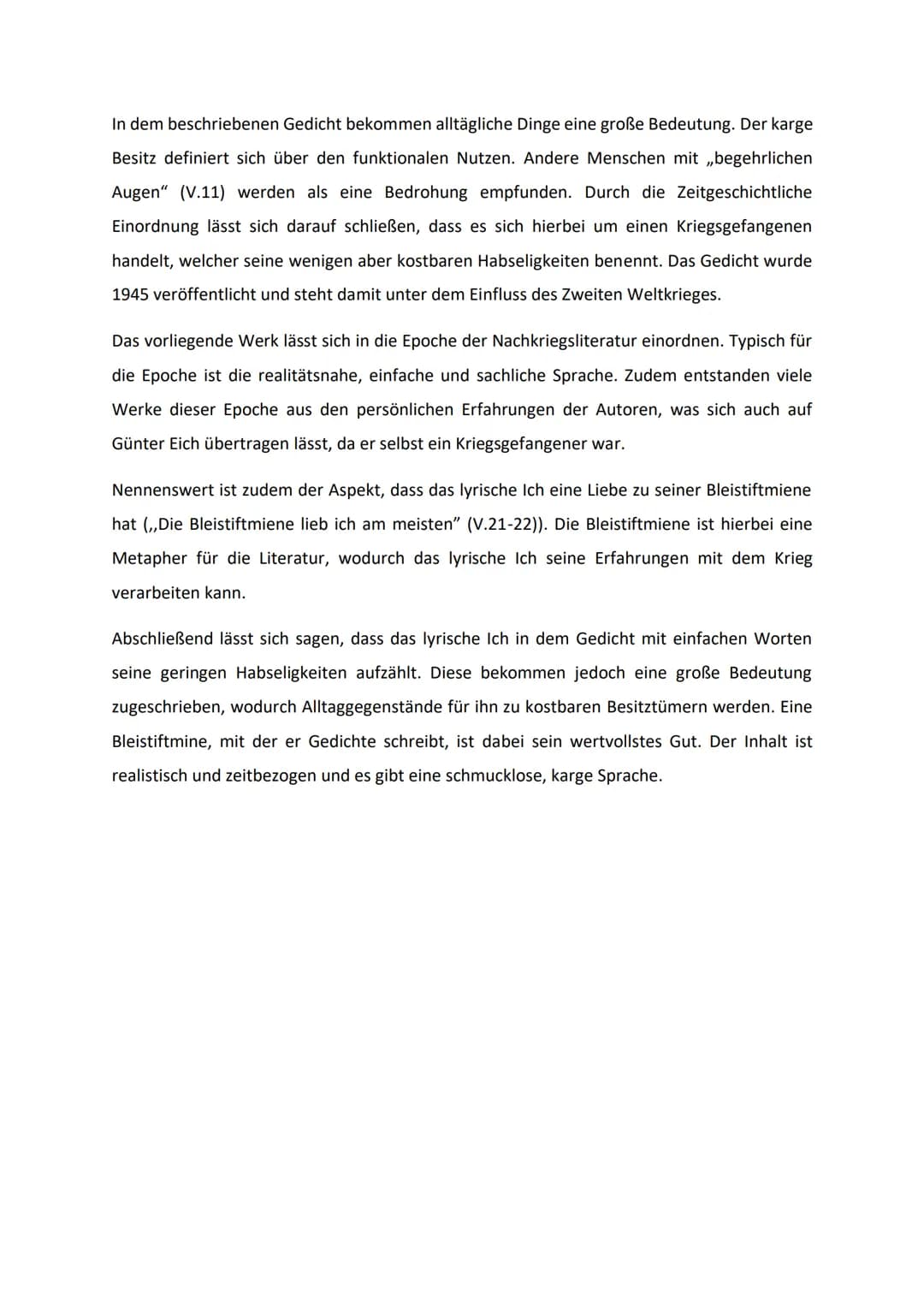 Gedichtinterpretation zu ,,Inventur” von Günter Eich
Im folgenden Text werde ich das Gedicht ,,Inventur" von Günter Eich interpretieren. Das