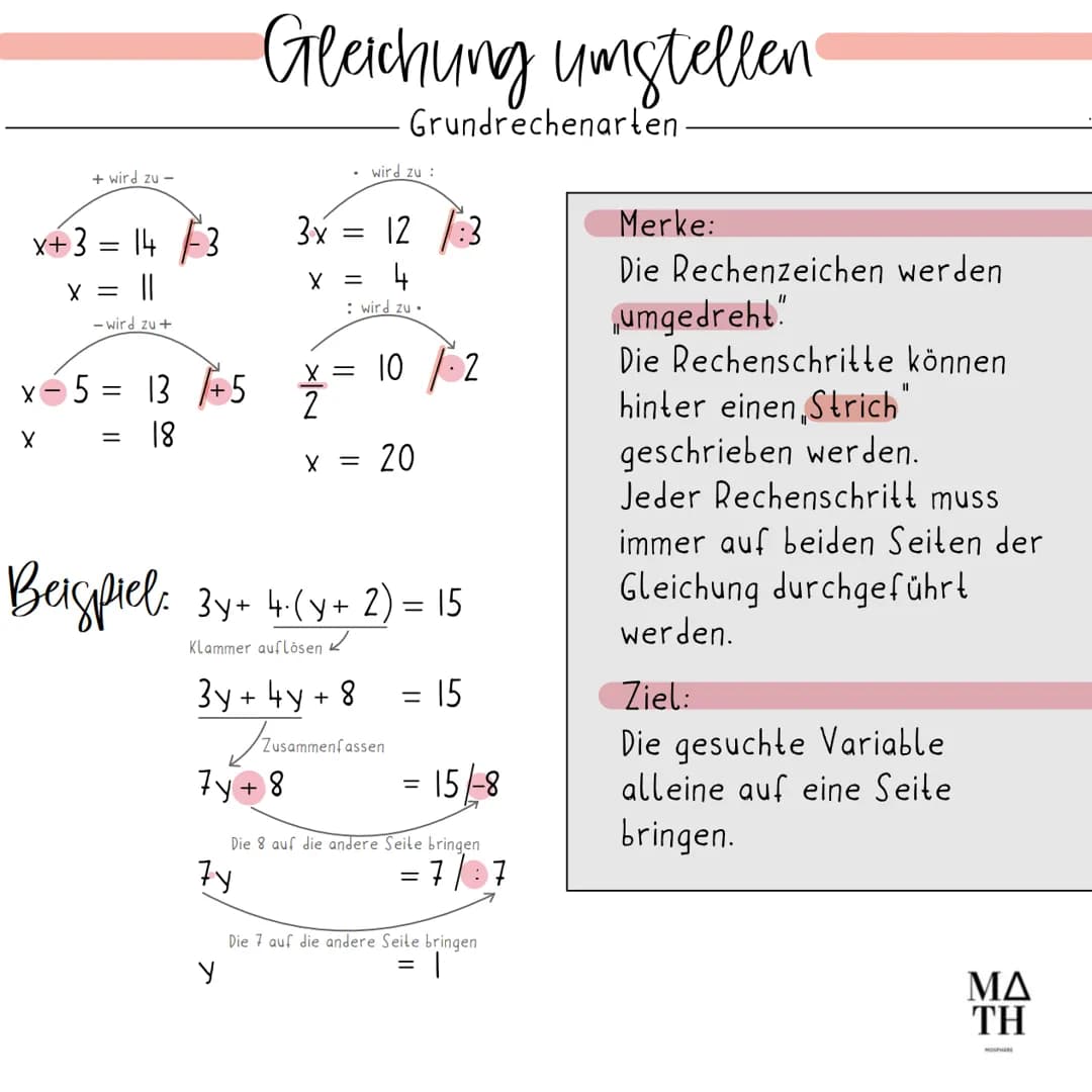 + wird zu-
x+ 3 = 14
||
- wird zu +
X
X =
x-5 = 13 +5
= 18
Gleichung umstellen
7y
y
Grundrechenarten.
wird zu:
3x = 12:3
X =
4
: wird zu.
X 