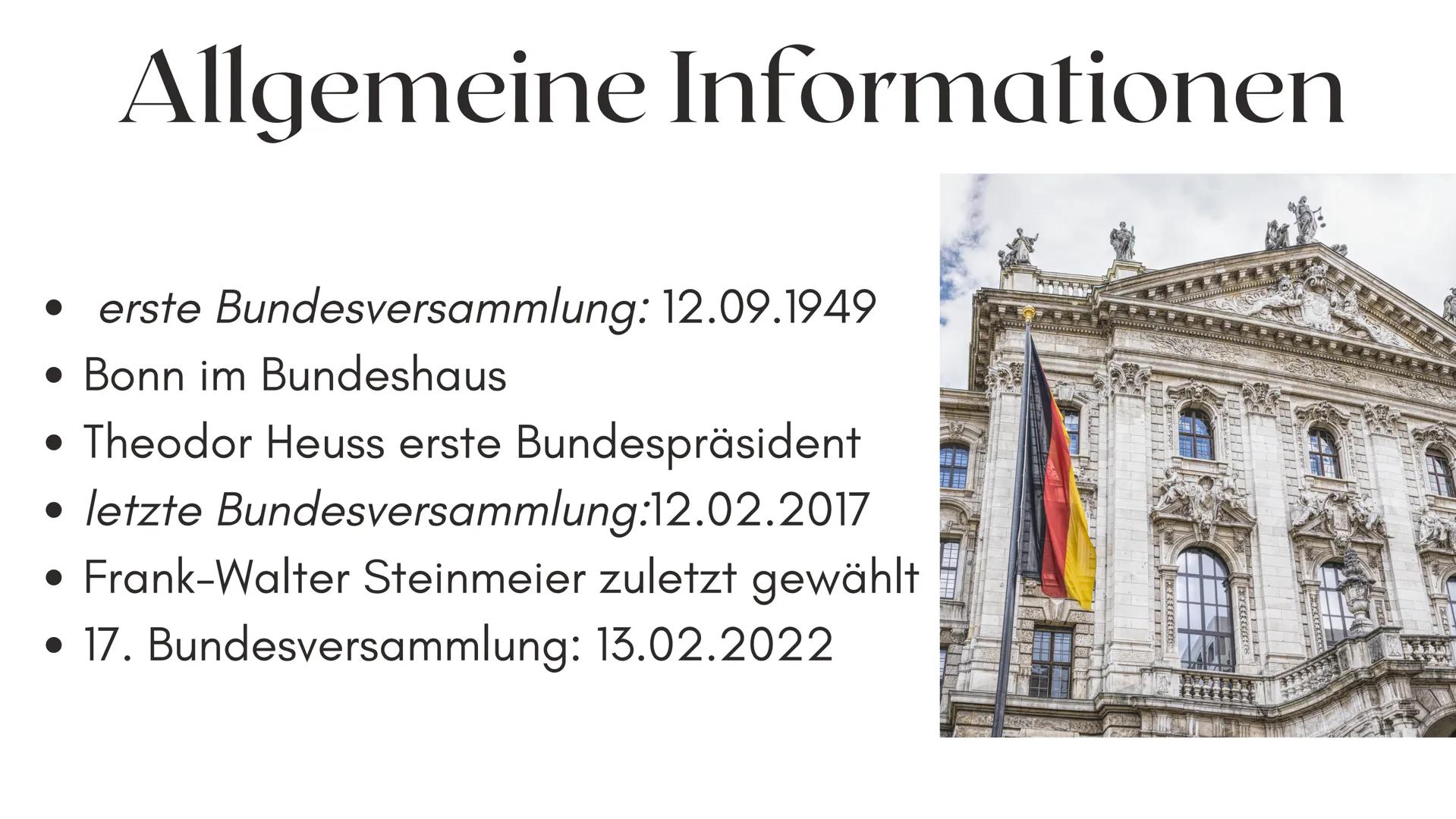 Bundespräsident/
Bundesversammlung Gliederung
1. ALLGEMEINE INFORMATIONEN
2. BISHERIGE BUNDESPRÄSIDENTEN
3.
4. AKTUALITÄT
5. BUNDESPRÄSIDENT