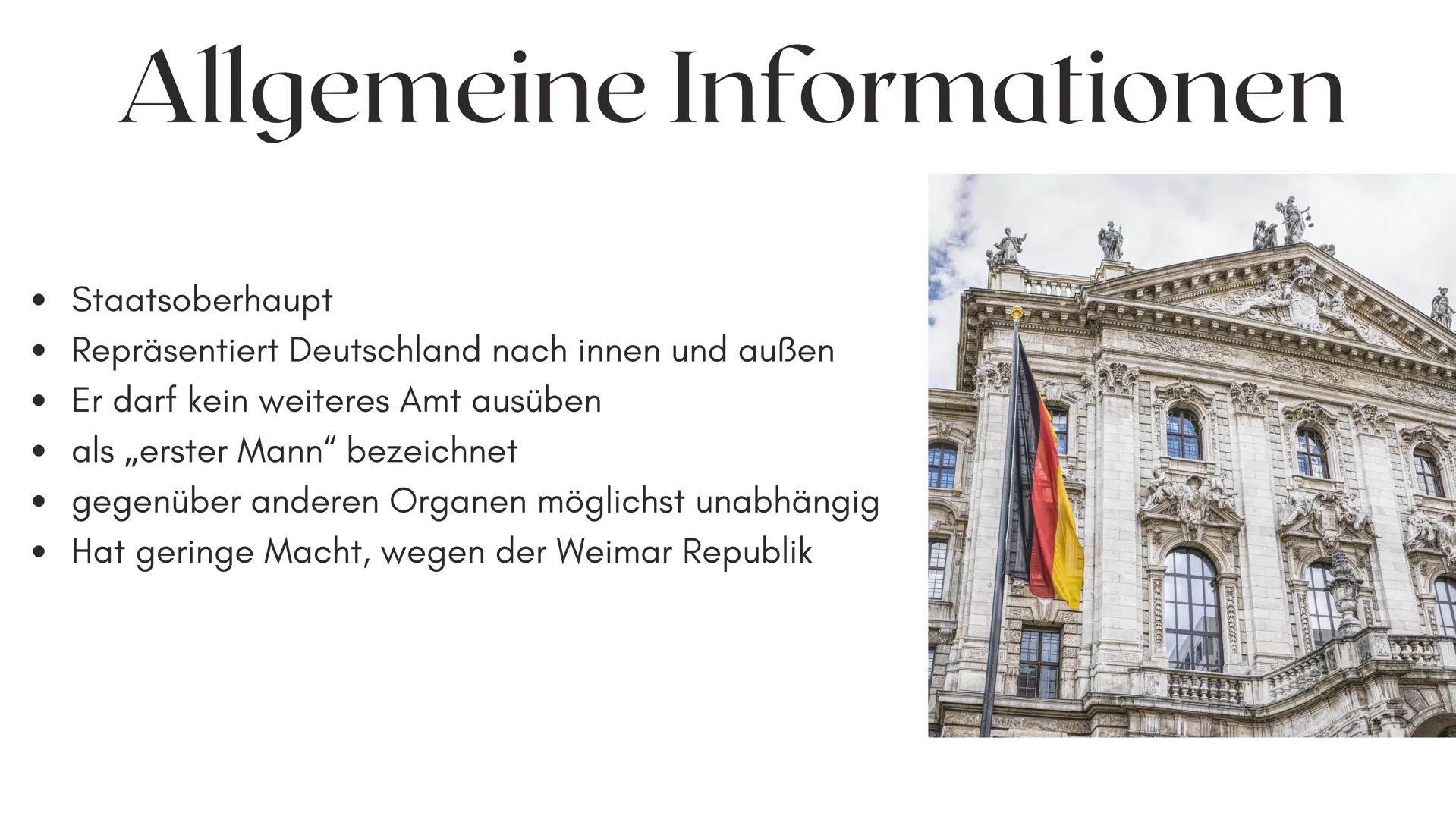 Bundespräsident/
Bundesversammlung Gliederung
1. ALLGEMEINE INFORMATIONEN
2. BISHERIGE BUNDESPRÄSIDENTEN
3.
4. AKTUALITÄT
5. BUNDESPRÄSIDENT