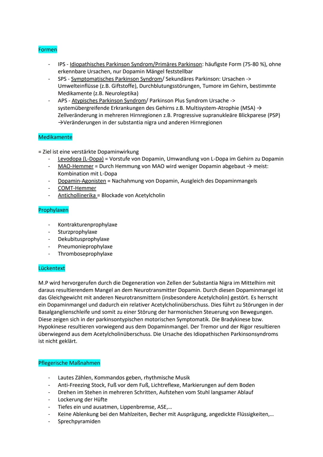 Examen: Morbus Parkinson
Gliederung
Definition
Allgemein
Ursachen
Diagnostik
Therapie
Symptome
Formen
Medikamente
Prophylaxen
Pflegemaßnahme