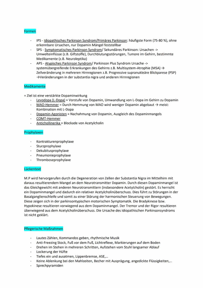 Examen: Morbus Parkinson
Gliederung
Definition
Allgemein
Ursachen
Diagnostik
Therapie
Symptome
Formen
Medikamente
Prophylaxen
Pflegemaßnahme