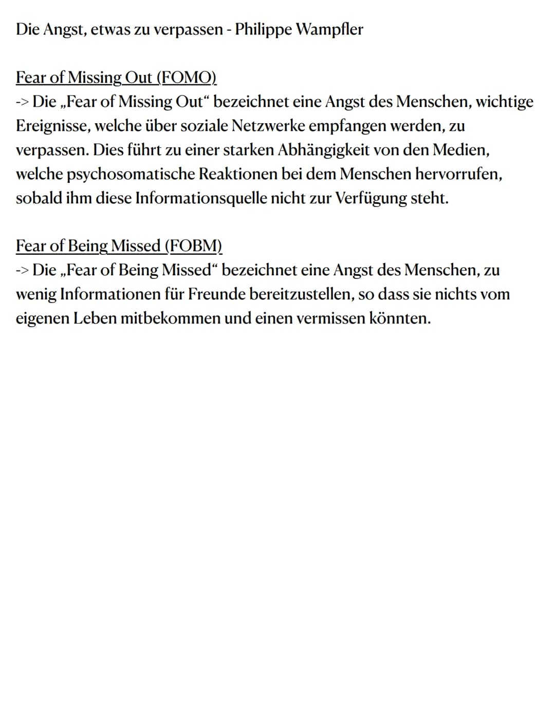 Die Angst, etwas zu verpassen - Philippe Wampfler
Fear of Missing Out (FOMO)
-> Die „Fear of Missing Out" bezeichnet eine Angst des Menschen