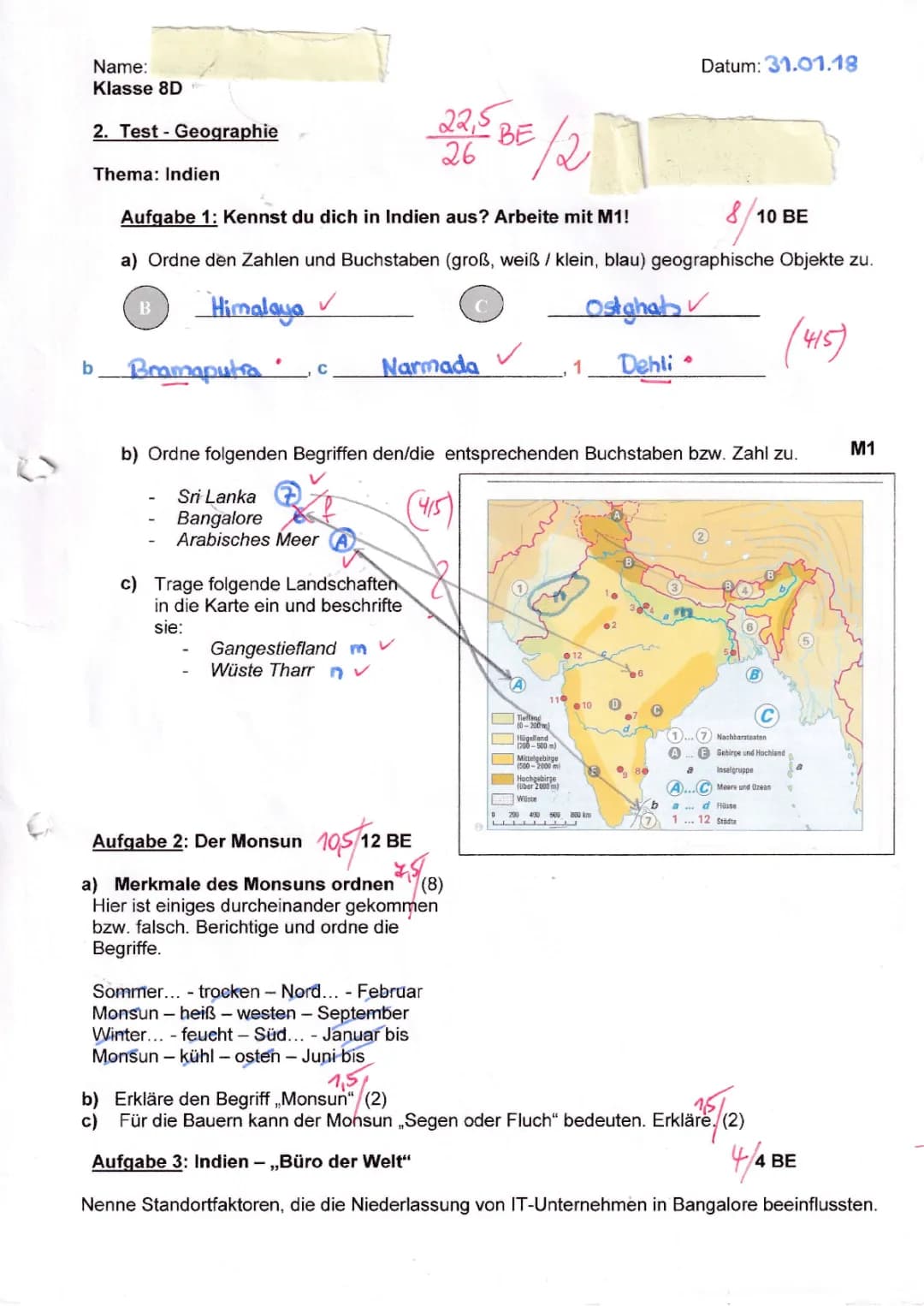 Klassenarbeit Geographie Klasse 8: Indien und Monsun