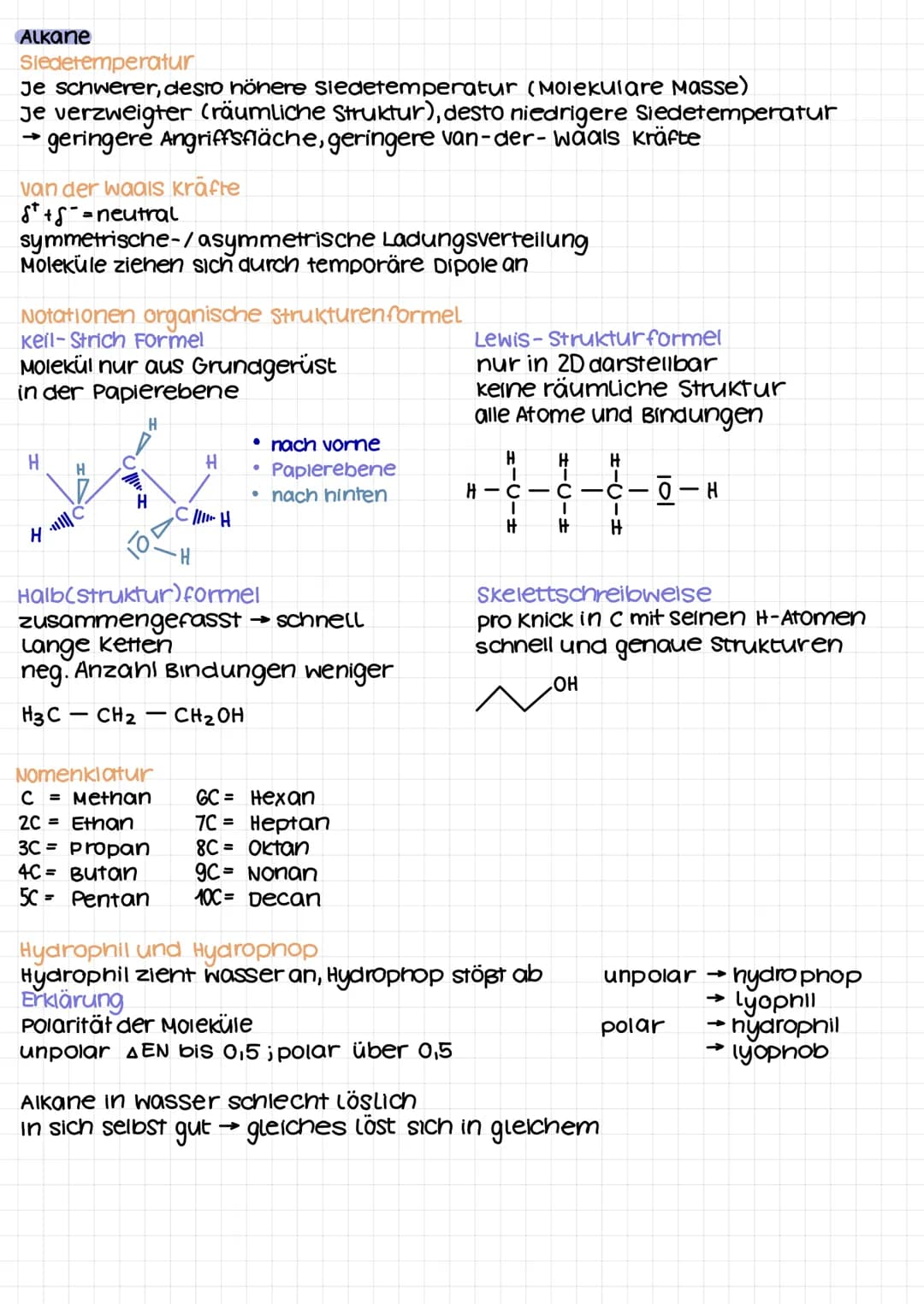 Alkane
Siedetemperatur
Je schwerer, desto höhere siedetemperatur (Molekulare Masse)
Je verzweigter (räumliche Struktur), desto niedrigere Si
