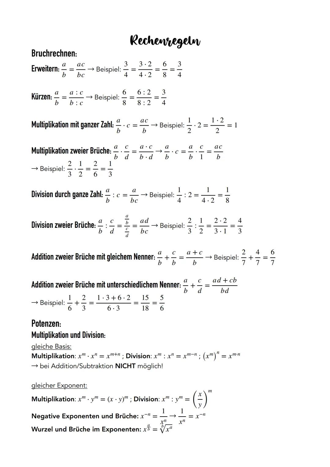 Bruchrechnen:
Erweitern:
Kürzen:
a
ac
b bc
=
a
a: c
b b:c
Beispiel:
Beispiel:
Multiplikation mit ganzer Zahl:
b
Multiplikation zweier Brüche