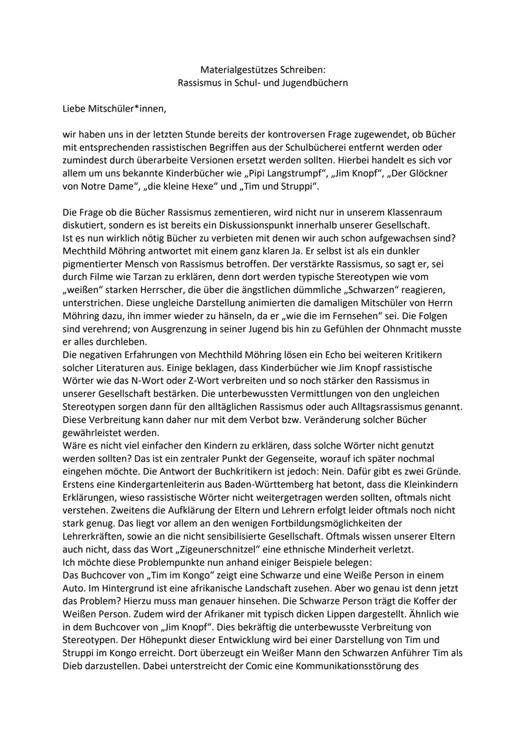 Liebe Mitschüler*innen,
Materialgestützes Schreiben:
Rassismus in Schul- und Jugendbüchern
wir haben uns in der letzten Stunde bereits der k