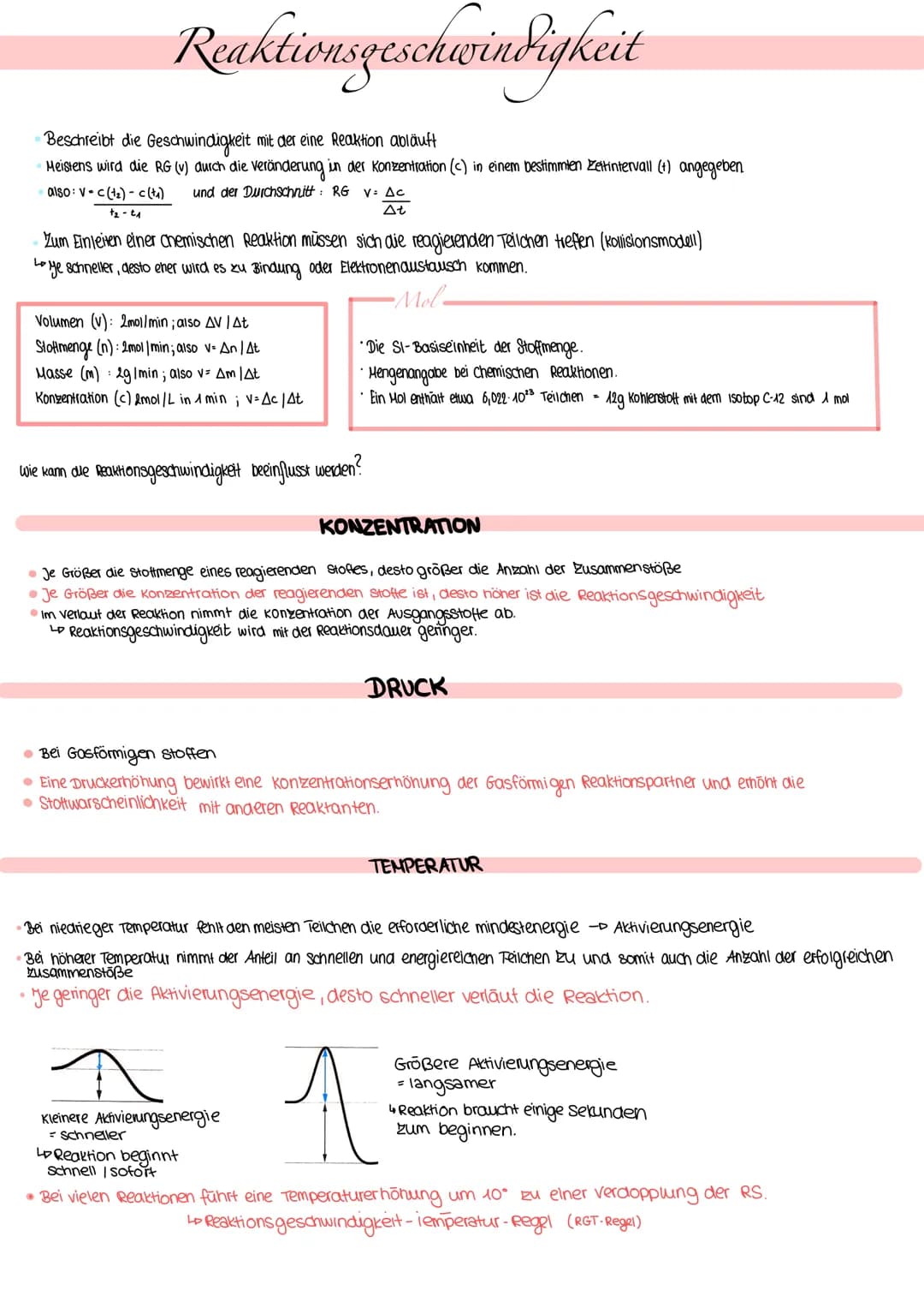 Reaktionsgeschwindigkeit
Beschreibt die Geschwindigkeit mit der eine Reaktion abläuft
Meistens wird die RG (v) durch die Veränderung in der 