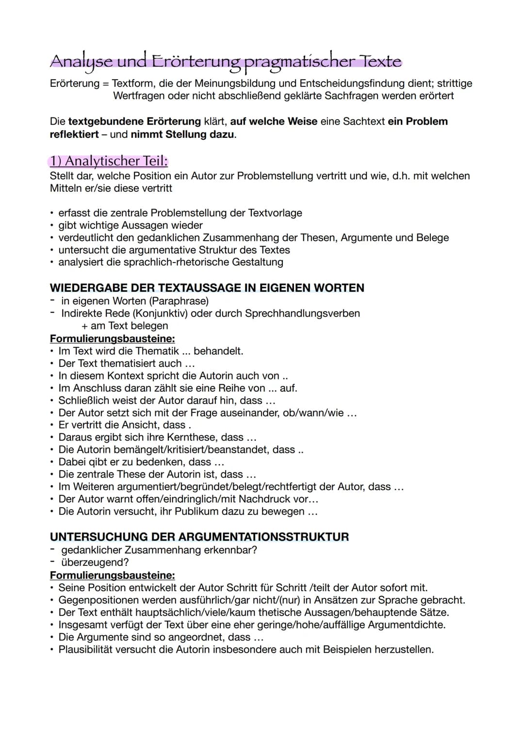 Analyse und Erörterung pragmatischer Texte
Erörterung = Textform, die der Meinungsbildung und Entscheidungsfindung dient; strittige
Wertfrag