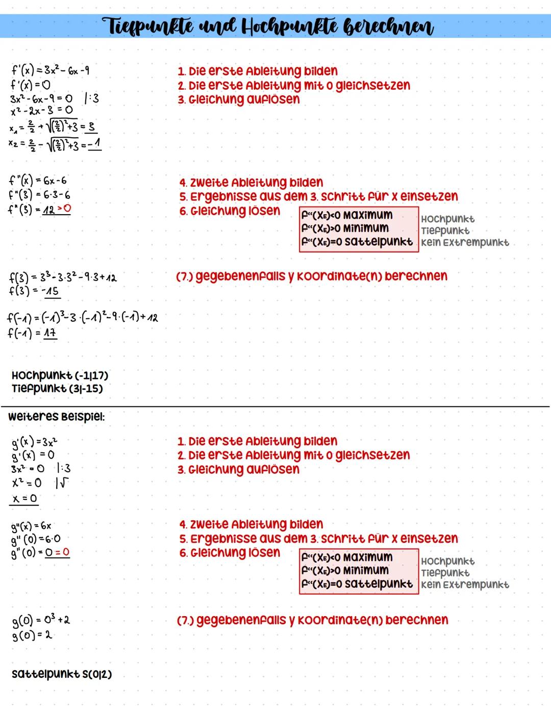 # Tiefpunkte und Hochpunkte berechnen

f'(x)=3x²-6x-9
f'(x) = 0
3x²-6x-9=0 1:3
x²-2x-3=0
x₁ = $\frac{2}{2}$+$\sqrt{(\frac{2}{2})^2+3}$=3
x₂=
