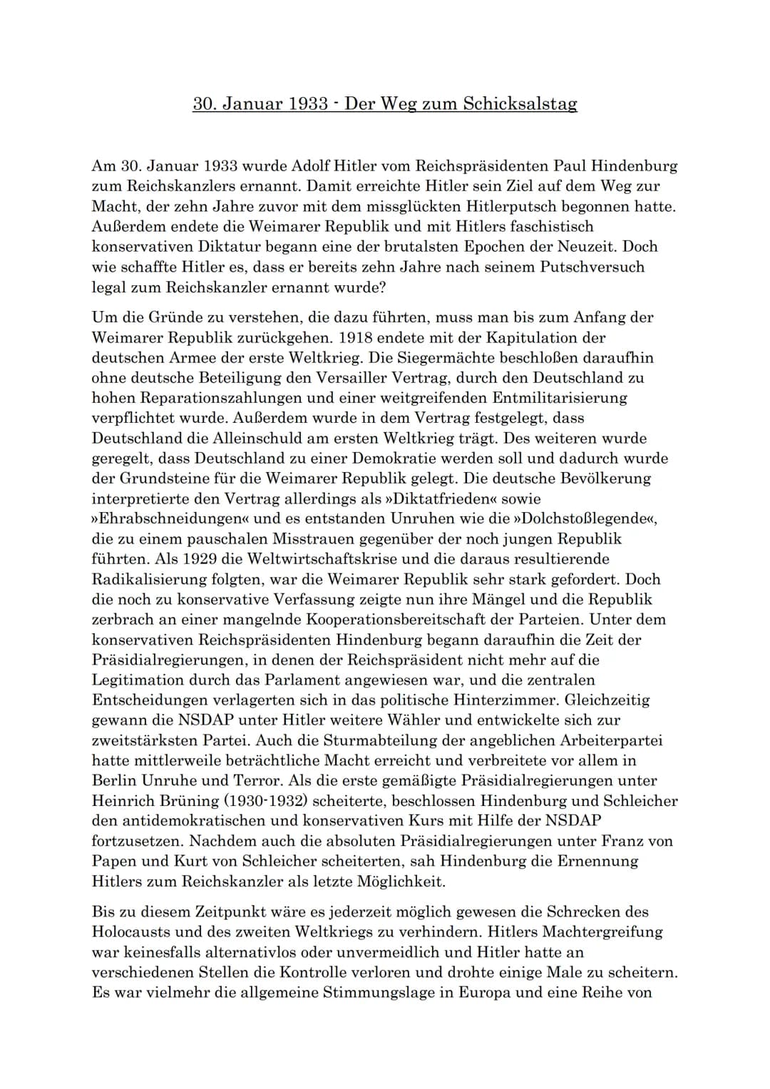 30. Januar 1933 - Der Weg zum Schicksalstag
Am 30. Januar 1933 wurde Adolf Hitler vom Reichspräsidenten Paul Hindenburg
zum Reichskanzlers e