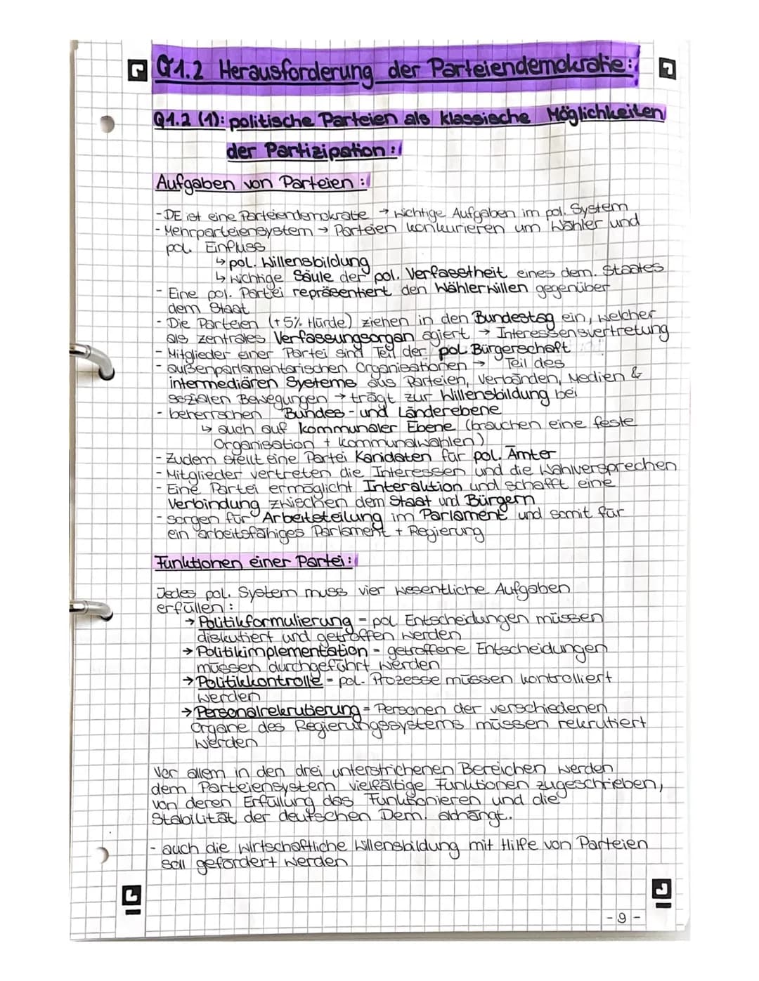 1.2 Herausforderung der Parteiendemokratie
Q1.2 (1): politische Parteien als klassische Möglichkeiten
der Partizipation :/
Aufgaben von Part