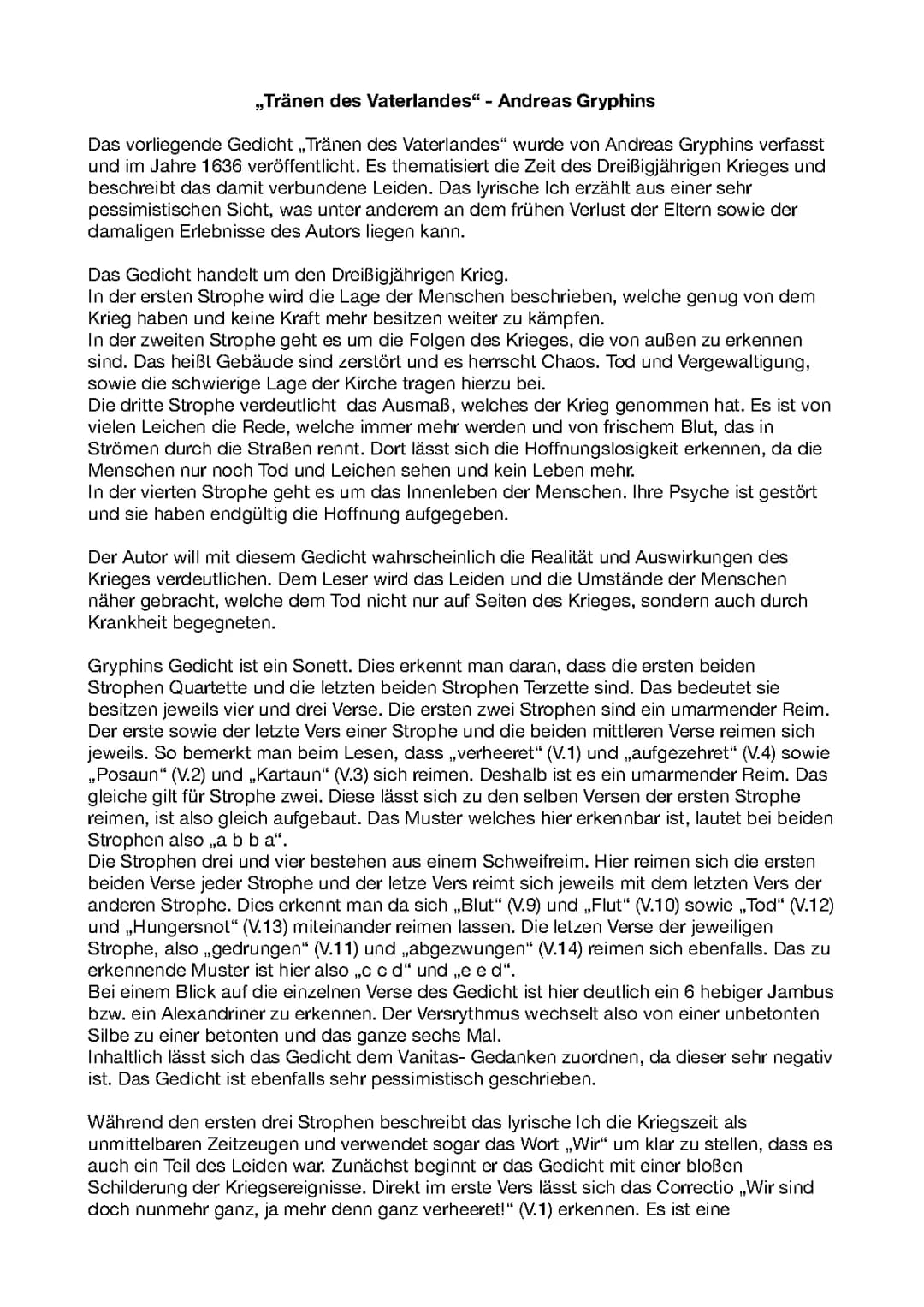 Gedichtanalyse von Andreas Gryphius' 'Tränen des Vaterlandes': Stilmittel, Reimschema und Interpretation