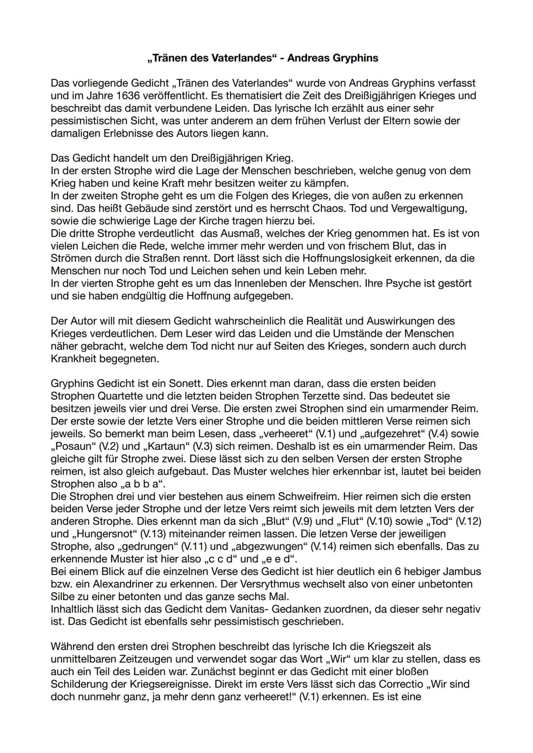 ,,Tränen des Vaterlandes" - Andreas Gryphins
Das vorliegende Gedicht ,,Tränen des Vaterlandes" wurde von Andreas Gryphins verfasst
und im Ja