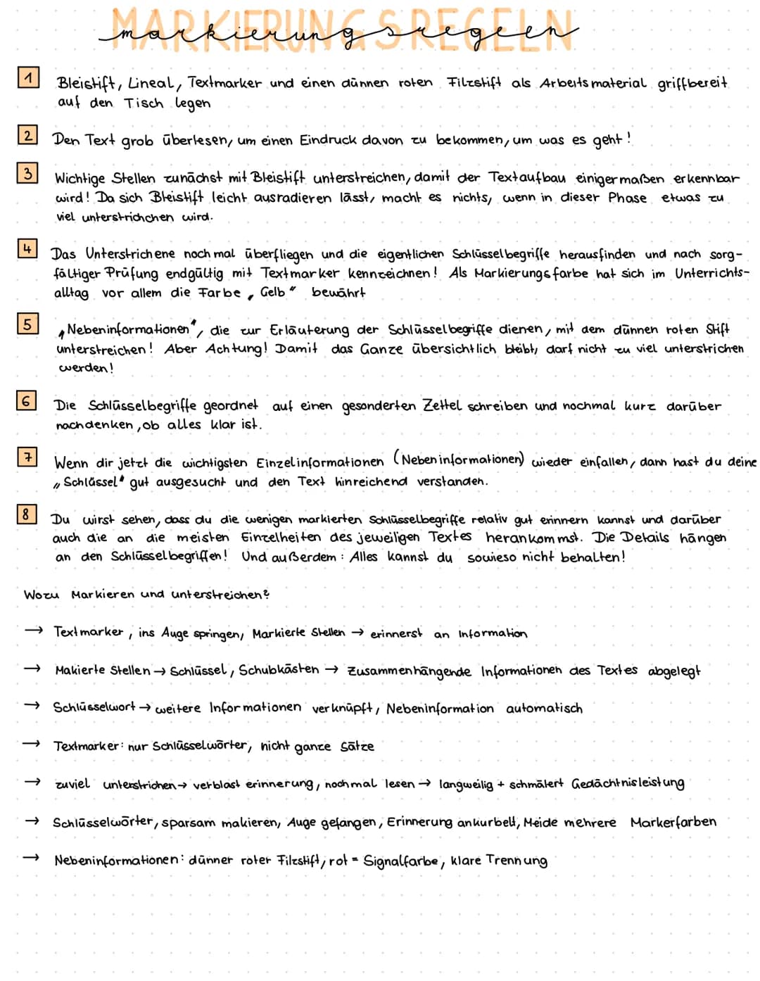 1
2
3
4
5
6
7
8
Markierungsregeen
Bleistift, Lineal, Textmarker und einen dünnen roten Filzstift als Arbeitsmaterial griffbereit.
auf den Ti