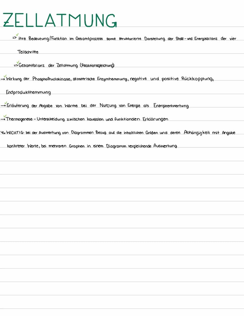 ZELLATMUNG
•Zellatmung im Überblick; Energieausbeute
→Bau von Mitochondrien (beschriftete Skizze zeichnen können), Struktur unter Berücksich