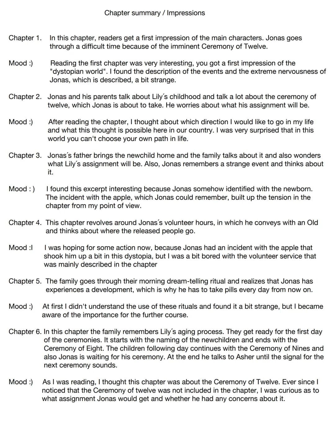 V
E
LOIS LOWRY
THE
GIVER Task A
1
Content
Summary by the excerpts
1.1 Chapter 1-3
1.2 Chapter 4-8
1.3 Chapter 9-16
1.4 Chapter 17-23
Task B
