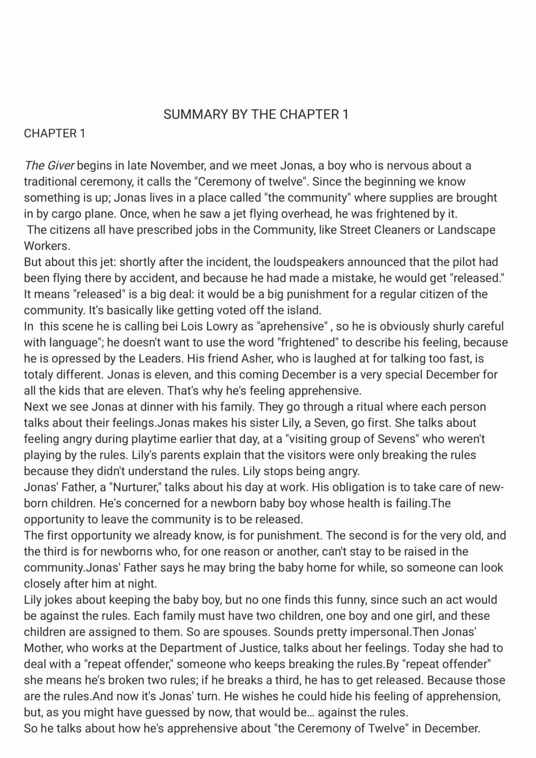 V
E
LOIS LOWRY
THE
GIVER Task A
1
Content
Summary by the excerpts
1.1 Chapter 1-3
1.2 Chapter 4-8
1.3 Chapter 9-16
1.4 Chapter 17-23
Task B
