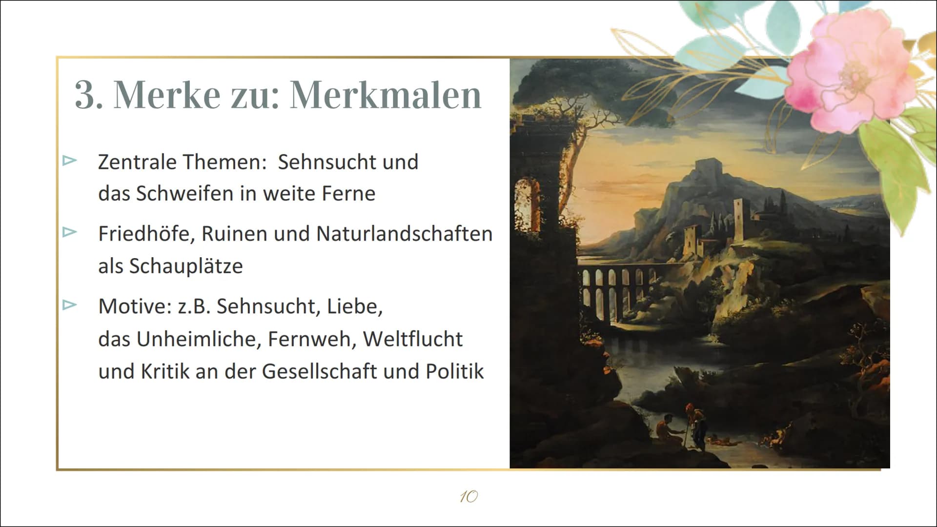 Die Epoche
der
Romantik
1795-1848 Gliederung
Begriff
M
Zeiteinordnung und dazugehörige Phasen
Historische Hintergründe
Merkmale (z.B. Werke 