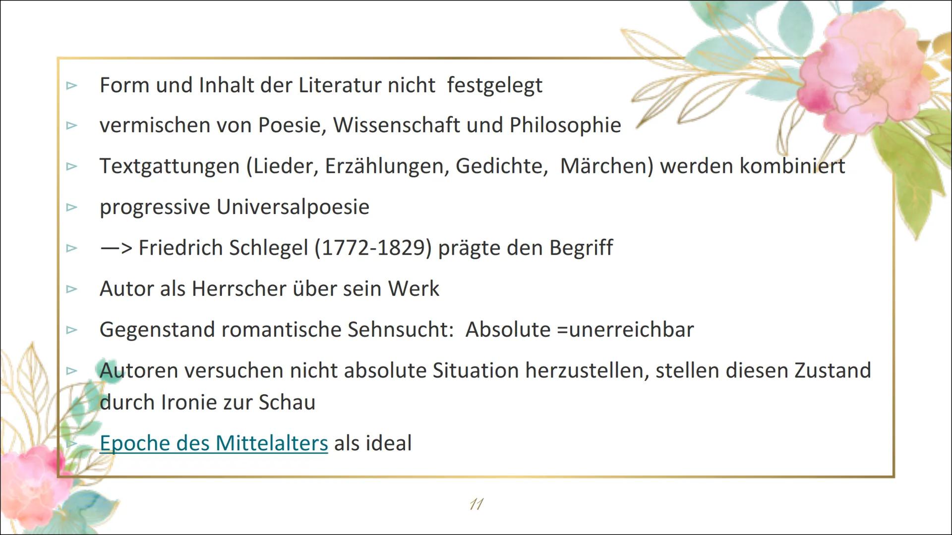 Die Epoche
der
Romantik
1795-1848 Gliederung
Begriff
M
Zeiteinordnung und dazugehörige Phasen
Historische Hintergründe
Merkmale (z.B. Werke 