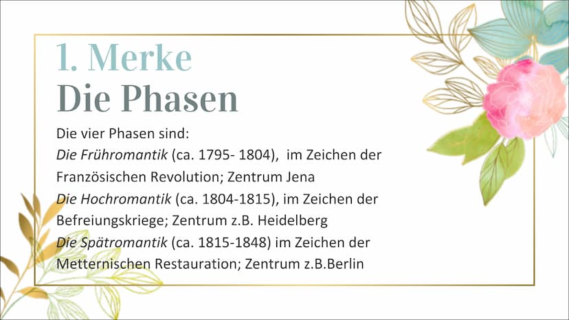 Die Epoche
der
Romantik
1795-1848 Gliederung
Begriff
M
Zeiteinordnung und dazugehörige Phasen
Historische Hintergründe
Merkmale (z.B. Werke 
