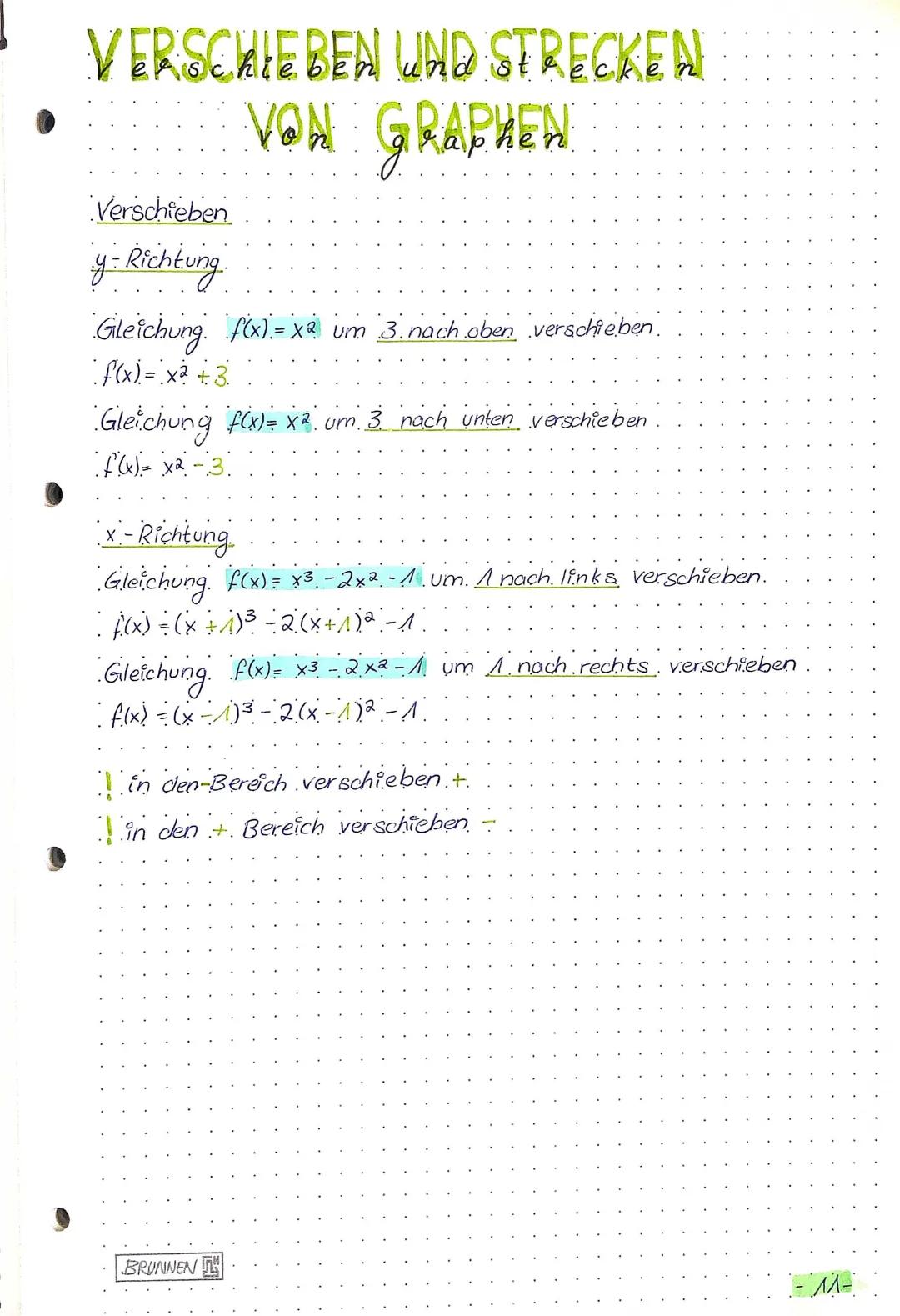 VERSCHIEBEN UND STRECKEN
VON GRAPHEN
Verschieben
y-Richtung
Gleichung f(x) = x² um 3. nach oben verschieben.
• f(x) = x² +3₁
Gleichung f(x) 