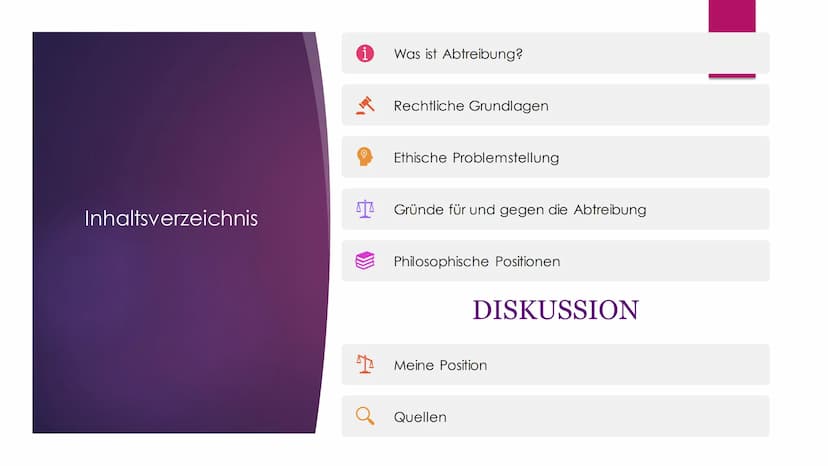 Abtreibung
Wann beginnt das Leben?
Von Nick und Felix Inhaltsverzeichnis
i
O
Was ist Abtreibung?
Rechtliche Grundlagen
Ethische Problemstell