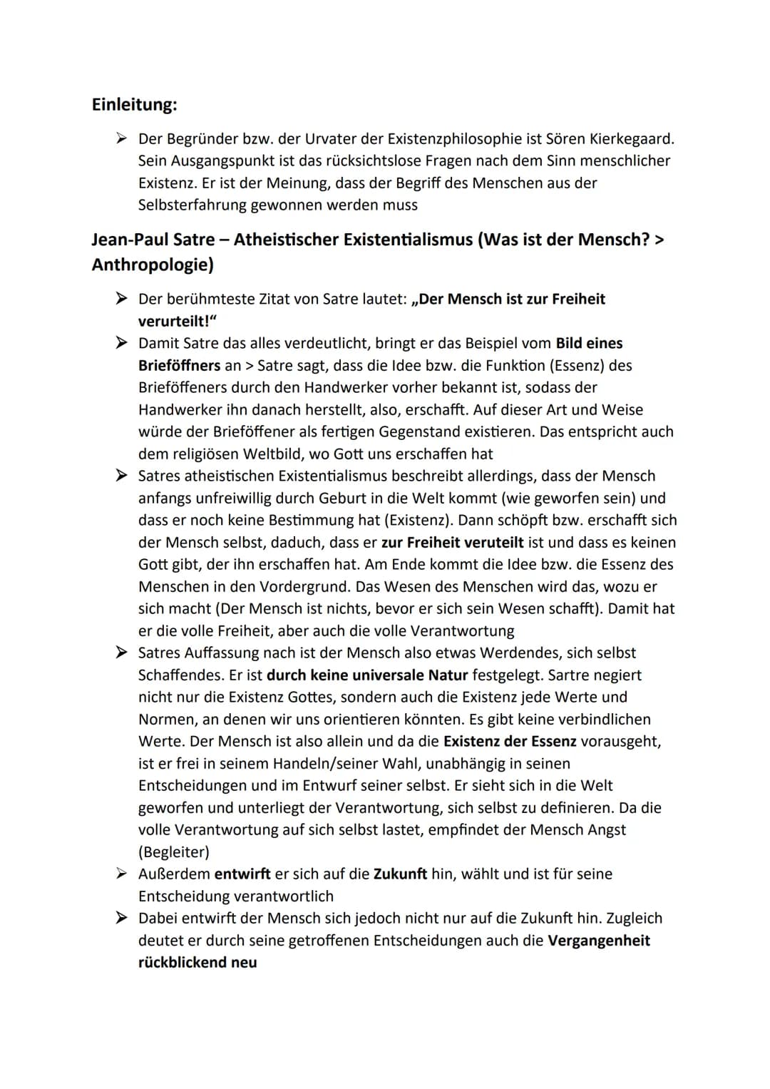Satre Existentialismus Abi Zusammenfassung