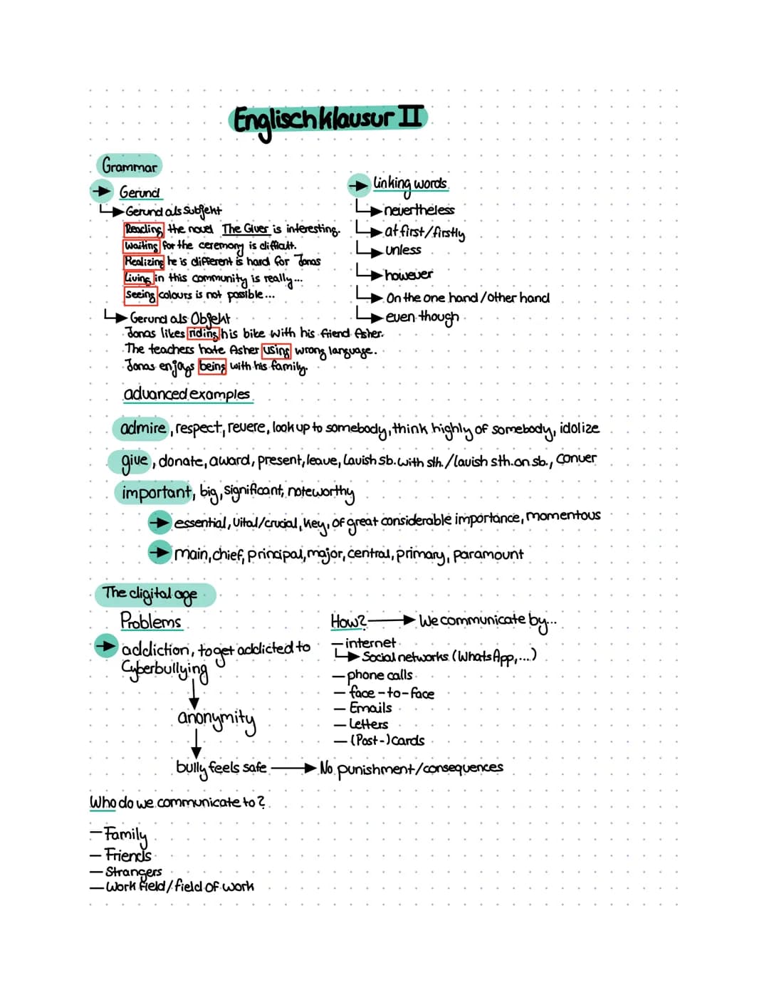 Personal information
the anonymity of cyberspace
a Cyberbully
(to) forment sb.
a victim.
a legal consequence
Language help
one/The main adva