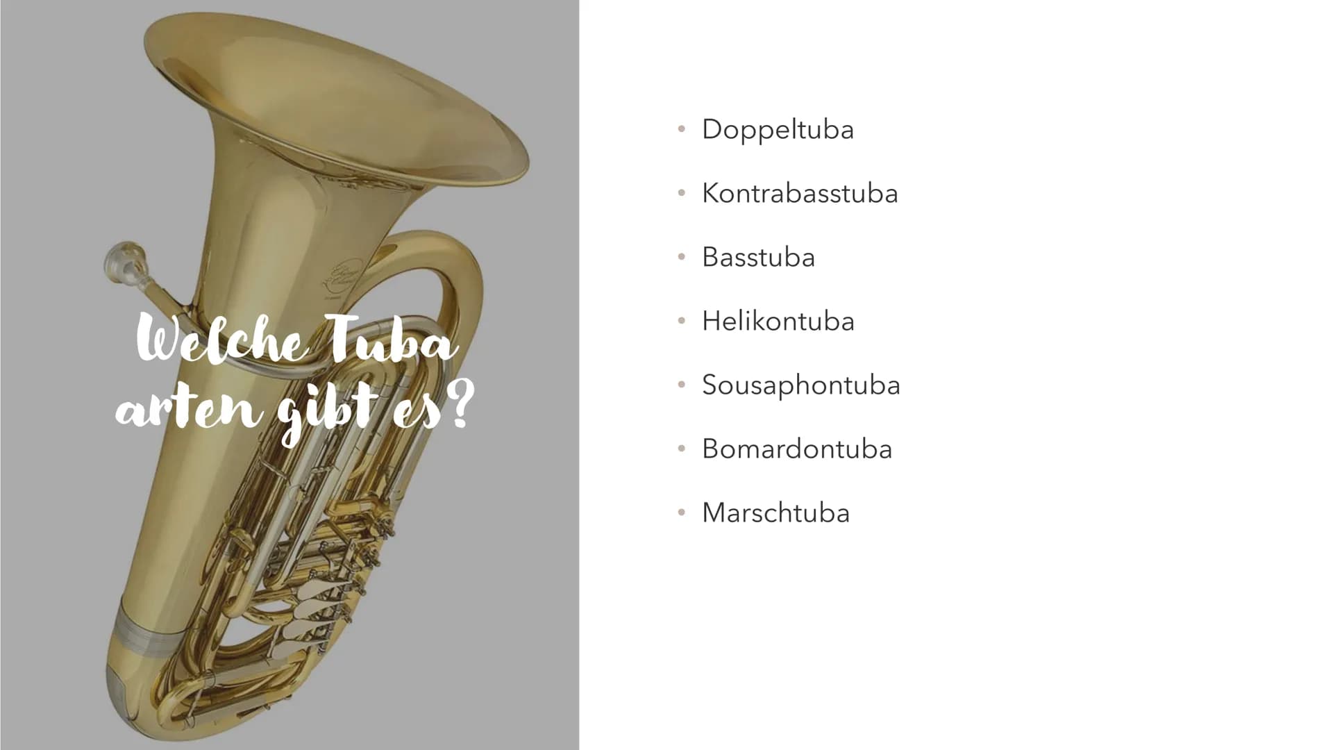 Die Tuba
DAS TIEFSTE
BLECH BLASINSTRUMENT
·
● Gliederung:
#
Allgemeines
Tuba Arten
Aufbau einer Tuba
Bekanntes Musikstück
●
●
● Allgemeines: