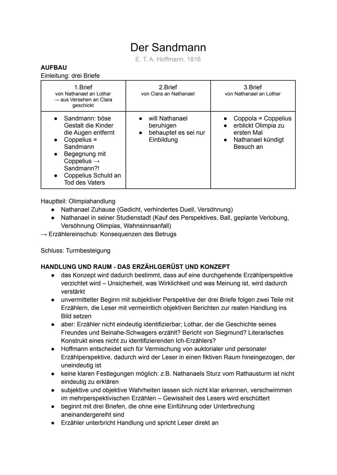 AUFBAU
Einleitung: drei Briefe
1.Brief
von Nathanael an Lothar
→ aus Versehen an Clara
geschickt
Sandmann: böse
Gestalt die Kinder
die Augen