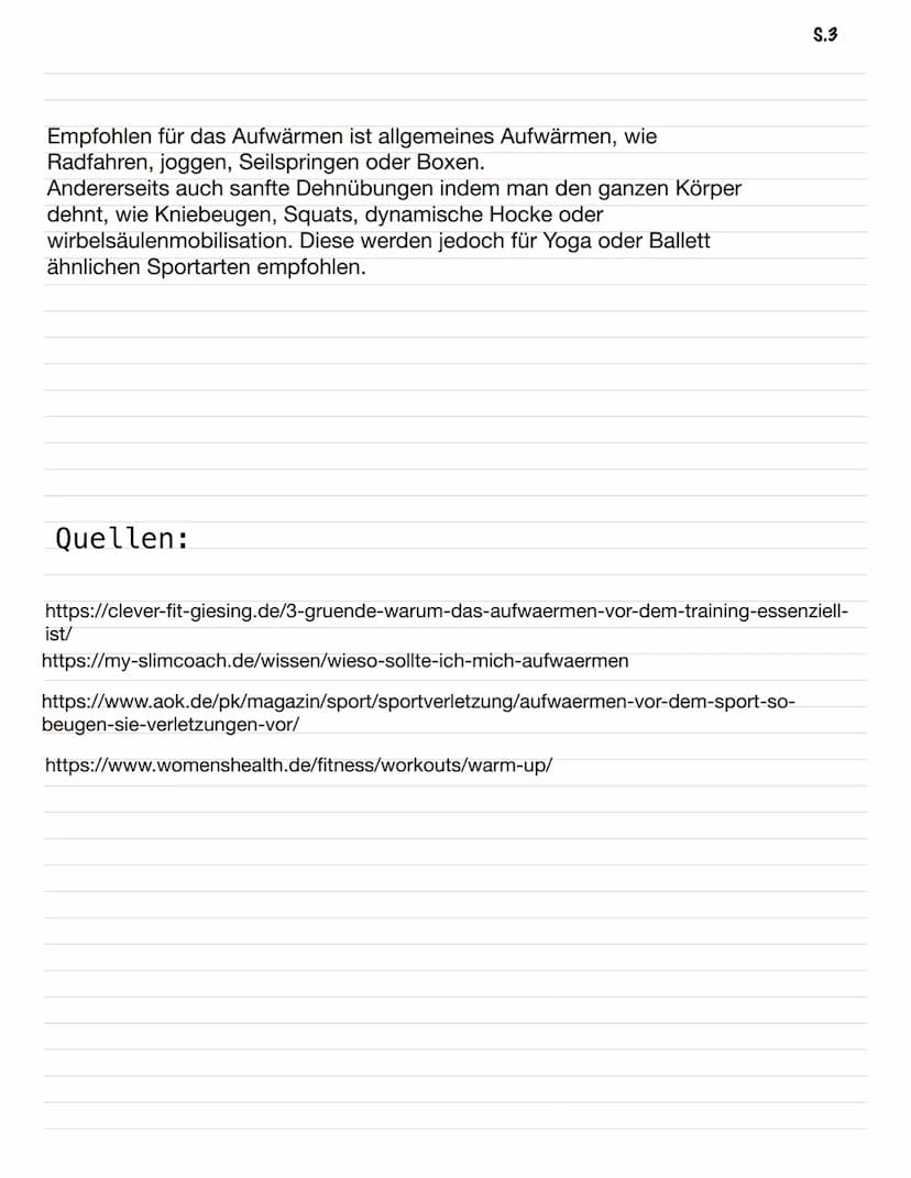 Thema: Das Aufwärmen
Gliederung:
1. Wieso sollte man sich Aufwärmen?
2. Was passiert mit dem Körper beim Aufwärmen?
3. Wie wärmt man sich Ri