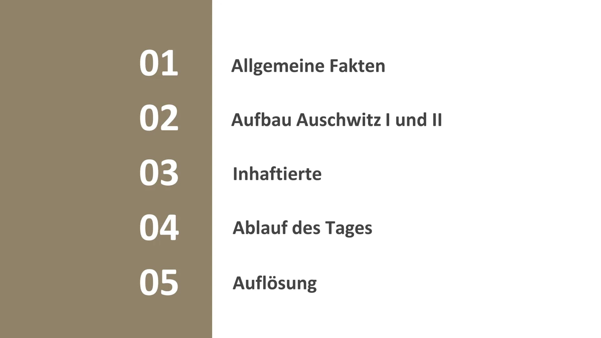 МАС
RBEIT MAC
Konzentrationslager
Auschwitz
Geschichte GK 12
Mascha Röhrenbeck
Annika Gahn
FRET 01
02
03
04
05
Allgemeine Fakten
Aufbau Ausc