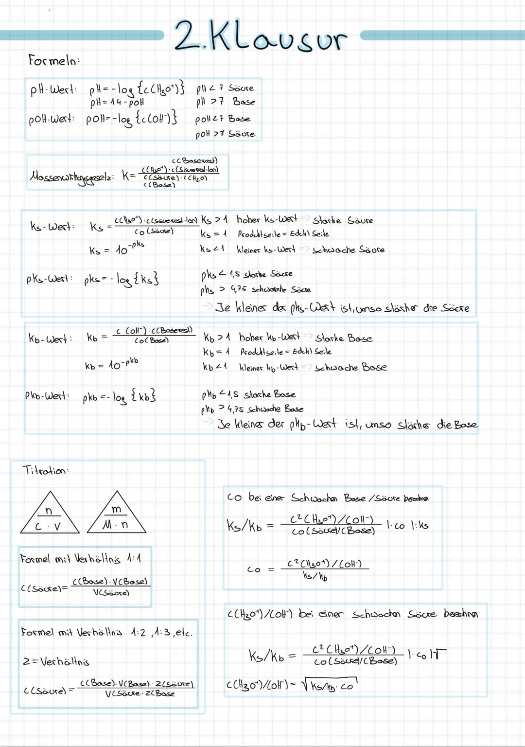 Formeln:
pH-Wert: pH = -log {c (H₂0+) }
H=
PH=14-POH
polt-wert: pol=-log {c(OH)}
Ks-Wert: Ks =
CCBoserest)
((H₂0) •c (Säure vest-lon)
Mossen