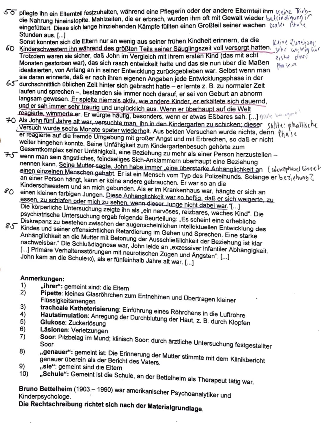 Thema: Die psychosexuelle Entwicklung nach Sigmund Freud
Materialgrundlage: Bruno Bettelheim: So können sie nicht leben. Die Rehabilitierung