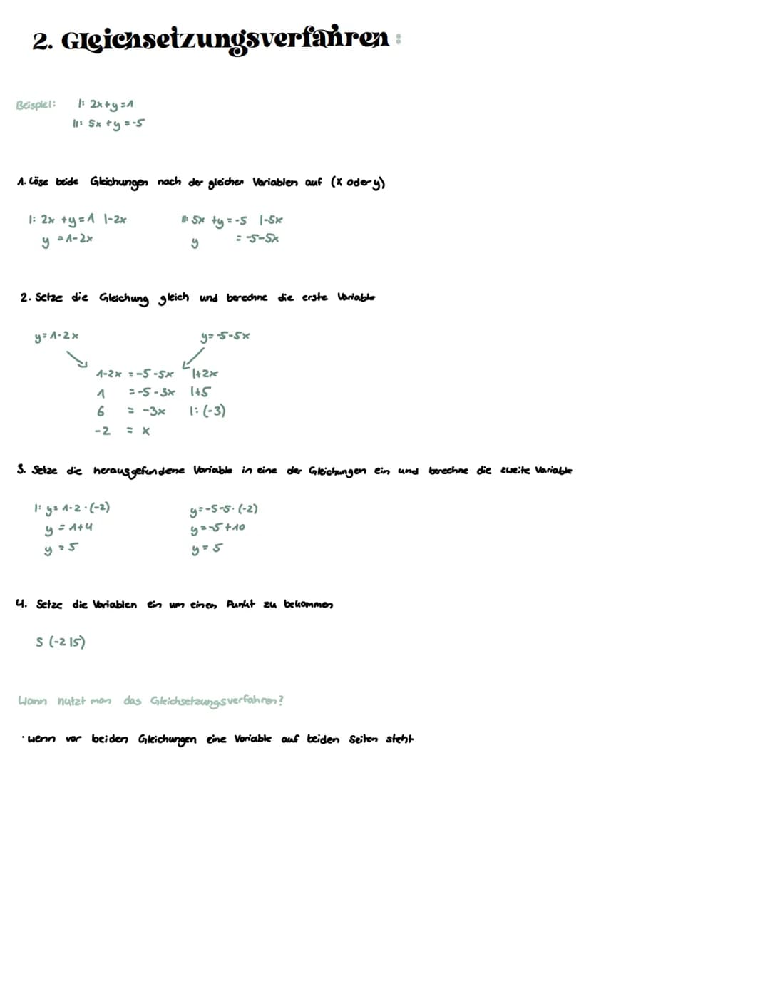1. Einsetzungsverfahren:
Beispiel:
Step for Step:
1. Läse eine Gleichung nach einer Variablen auf (entweder x oder y)
9x - 5y = -44
6x + 2y=