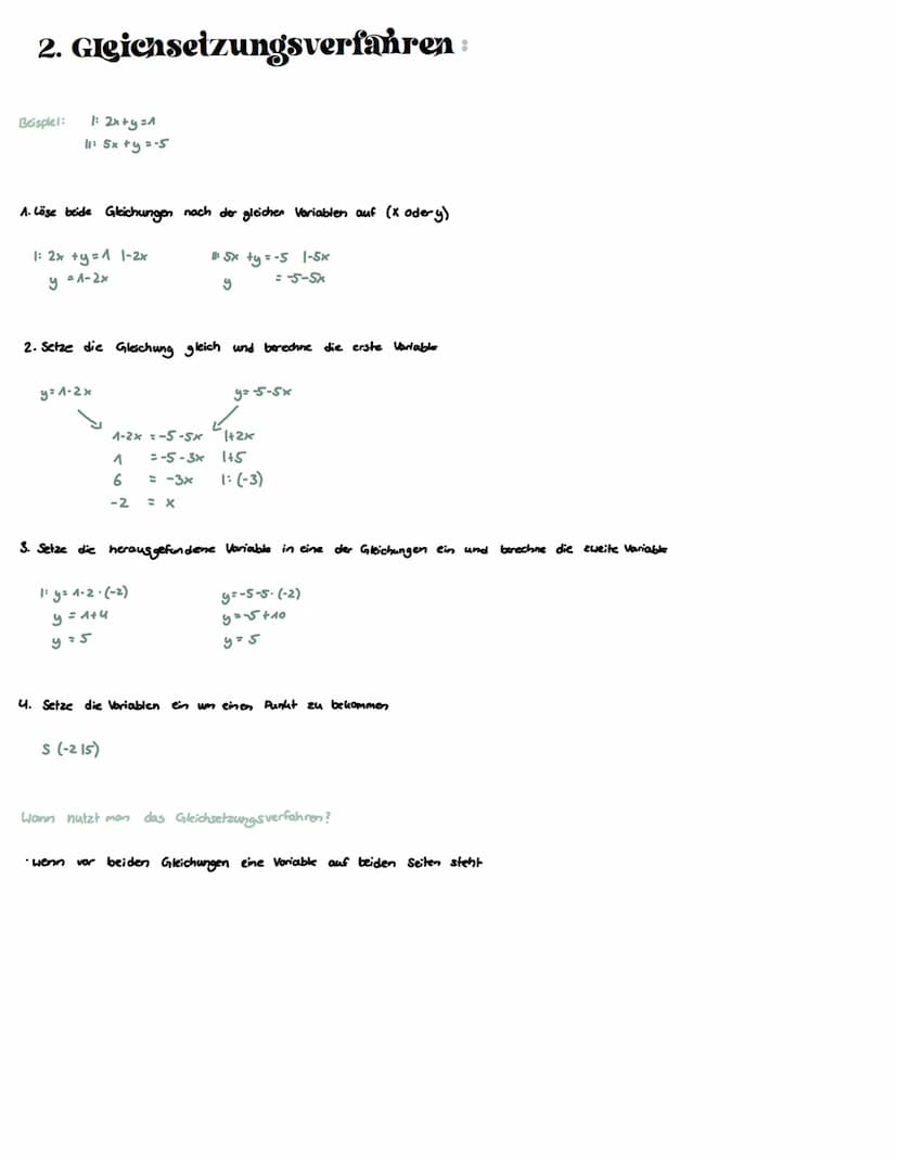 1. Einsetzungsverfahren:
Beispiel:
Step for Step:
1. Läse eine Gleichung nach einer Variablen auf (entweder x oder y)
9x - 5y = -44
6x + 2y=
