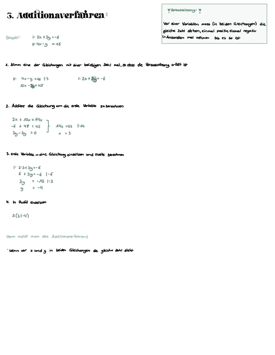 1. Einsetzungsverfahren:
Beispiel:
Step for Step:
1. Läse eine Gleichung nach einer Variablen auf (entweder x oder y)
9x - 5y = -44
6x + 2y=