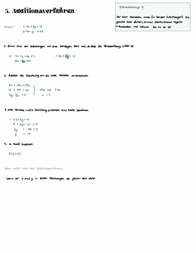 1. Einsetzungsverfahren:
Beispiel:
Step for Step:
1. Läse eine Gleichung nach einer Variablen auf (entweder x oder y)
9x - 5y = -44
6x + 2y=