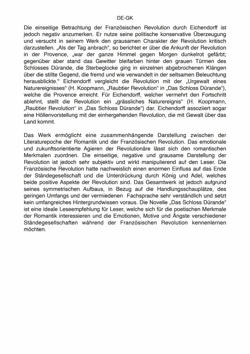 DE-GK
Rezension „Das Schloss Dürande"
Eine tragische Liebesbeziehung versucht im brutalen und blutigen Verlauf der
Französischen Revolution 