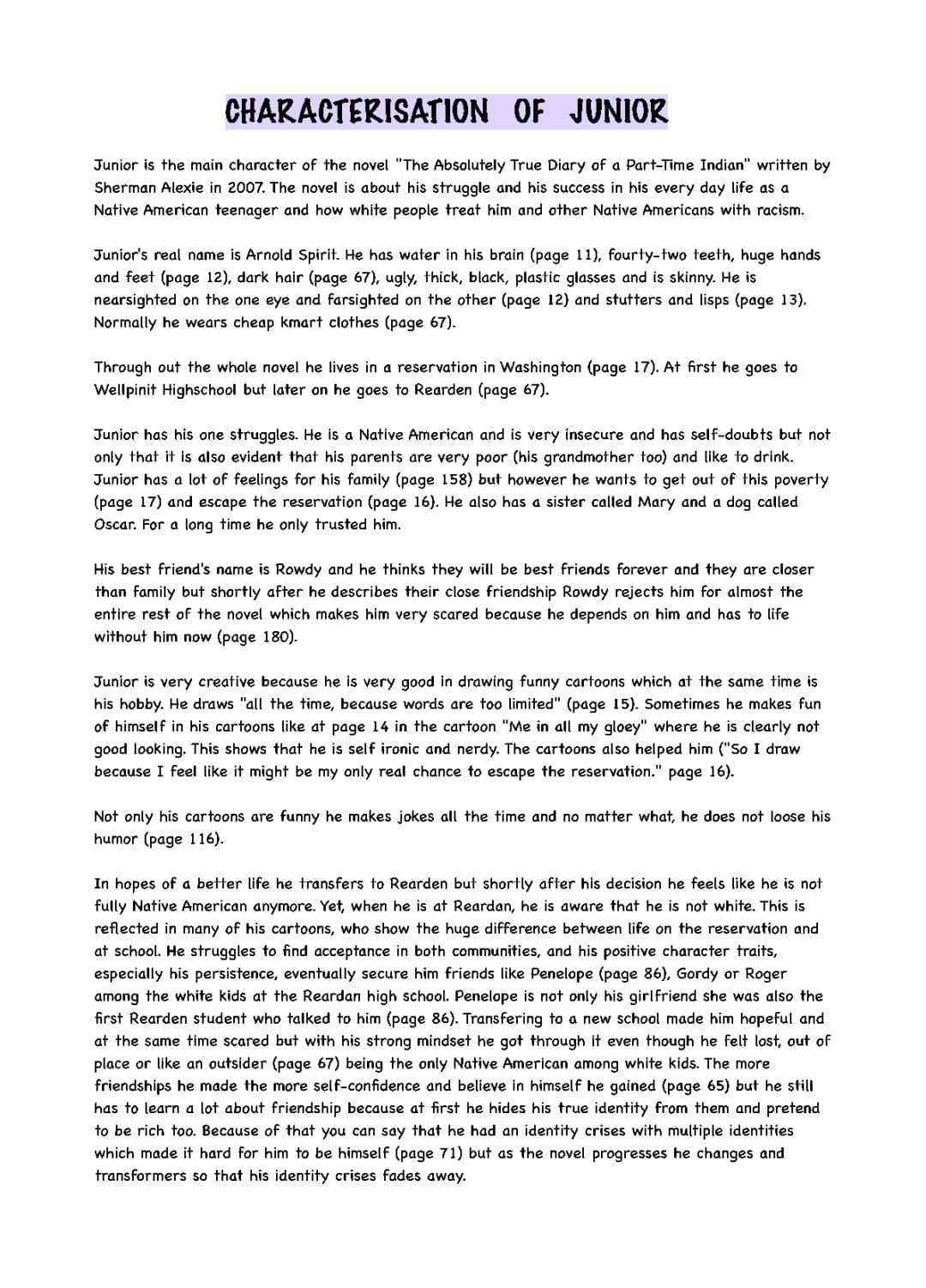 Characterisation of Junior from "The Absolutely True Diary of a Part-Time Indian" by Sherman Alexie